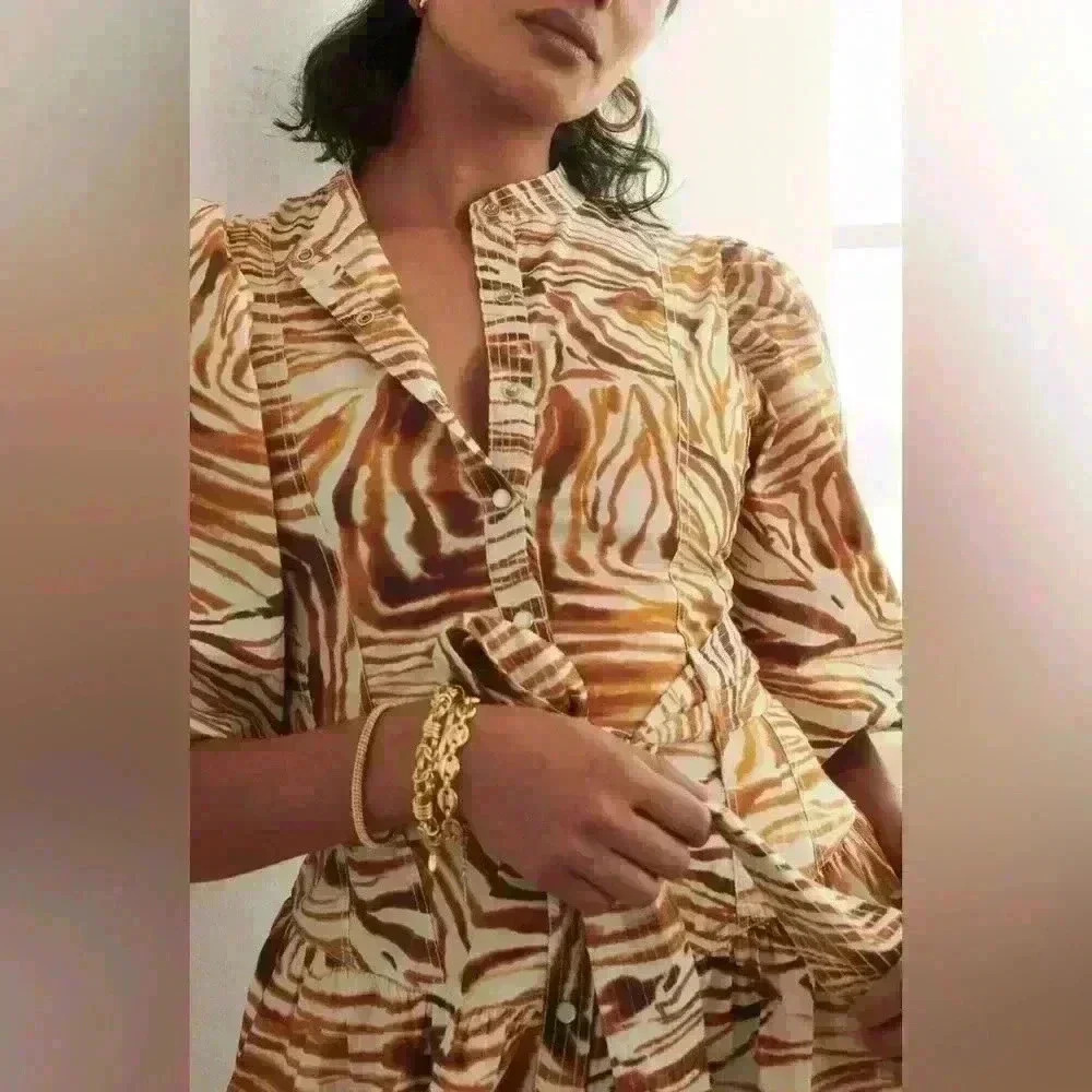 Anthropologie Love The Label Yellow Artsy Bohemian Midi Dress Puff Sleeve Safari